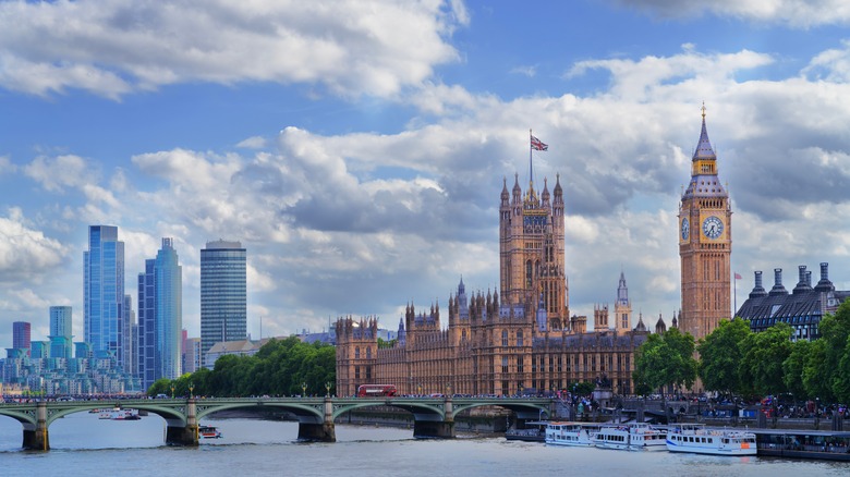 London skyline with skyscrapers Houses of Parliament and Big Ben