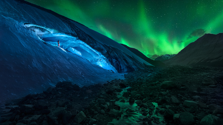 Aurora borealis over a glacier in Jasper National Park in Canada