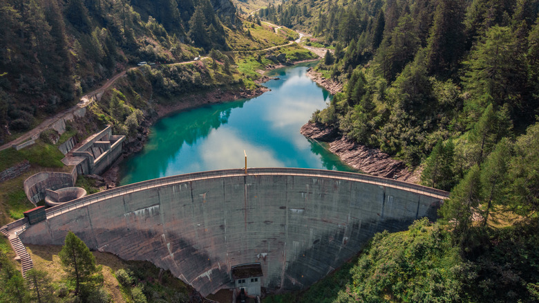 Verzasca Dam reservoir aerial view