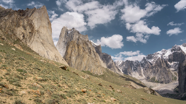 a grassy slope surrounded by hiigh snow-capped mountains