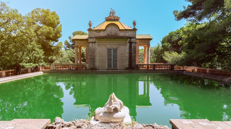 A green pond in the Labyrinth Park of Horta in Barcelona, Spain