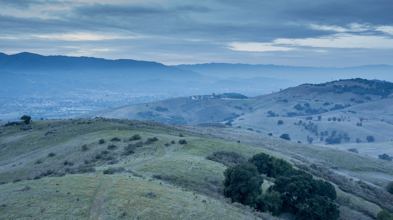 Grassy mountains under a cloudy sky along the Coyote Peak Trail