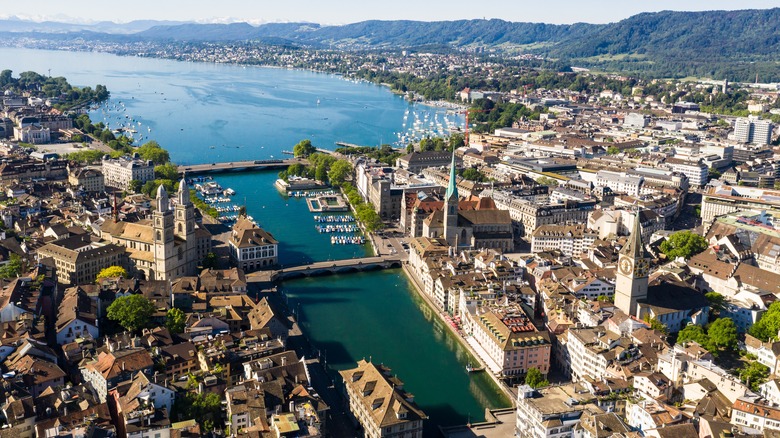 Aerial river view of Zurich