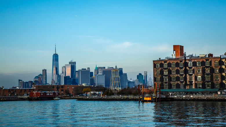 View of Red Hook pier with Manhattan skyline in the distance