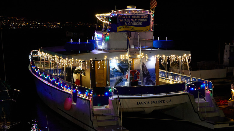 Boat decorated for Christmas at Dana Point Harbor