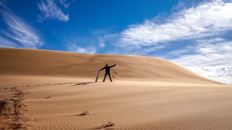 Man with a snowboard standing on a dune at California's Imperial Sand Dunes