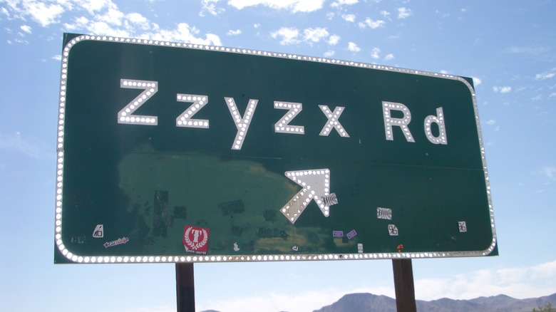 Highway sign for Zzyzx Rd