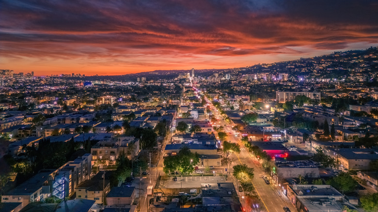 Aerial view of West Hollywood, California, at dusk