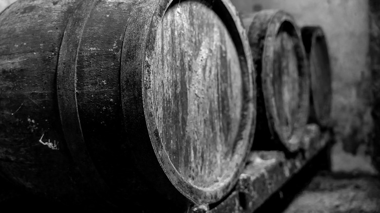 Old and historic wine barrels in black and white