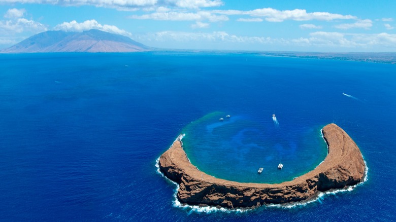 Aerial view of the Molokini Crater with boats