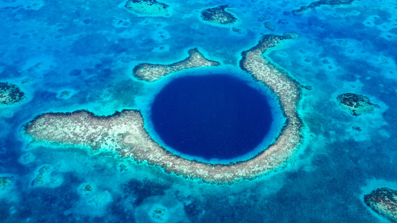 Aerial of Belize's Great Blue Hole in the Caribbean