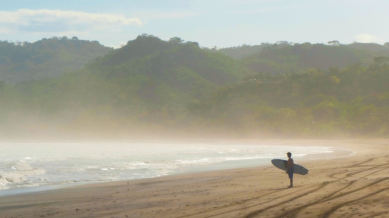 Surfer standing on one of Panama's gorgeous beaches.