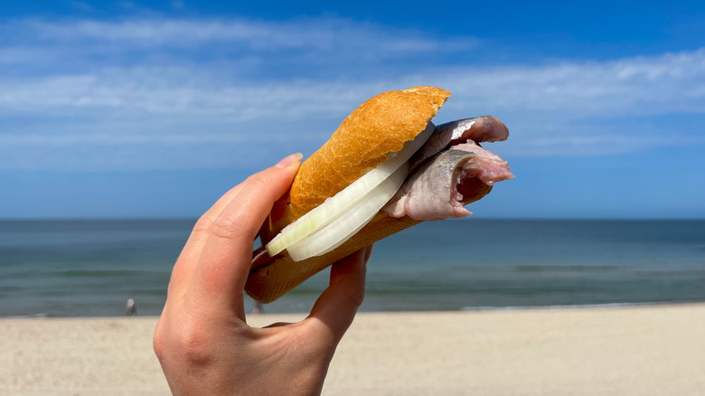 Herring fish sandwich popular in Sylt, Germany