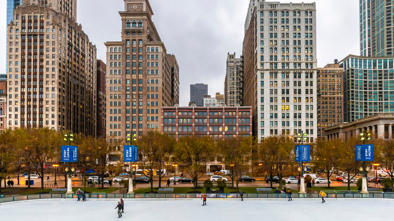 Downtown Chicago ice skating rink with buildings in the background