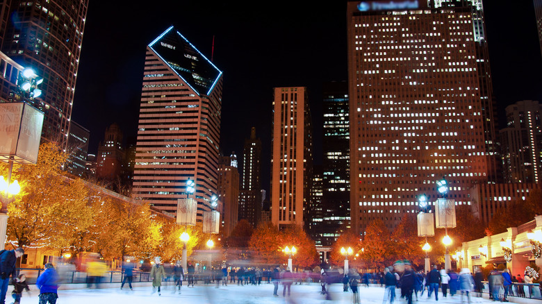 Ice skating rink in downtown Chicago at night