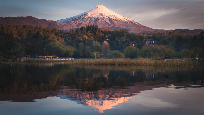 View of the Villarrica volcano from Pucon, Chile