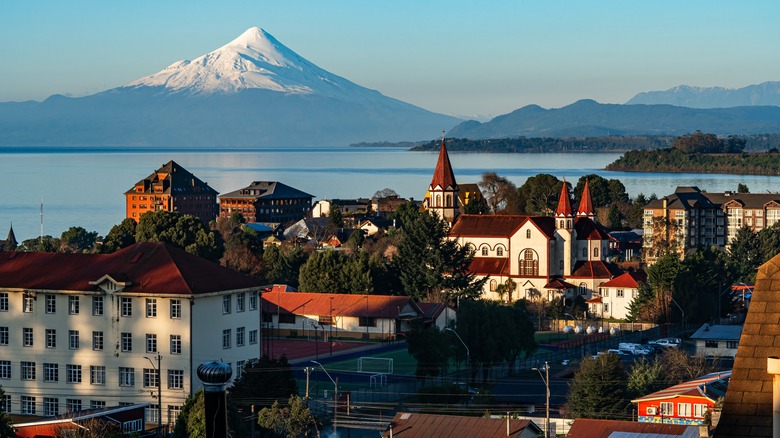 A bird's eye view of Puerto Varas, Lake Llanquihue, and the Osorno Volcano