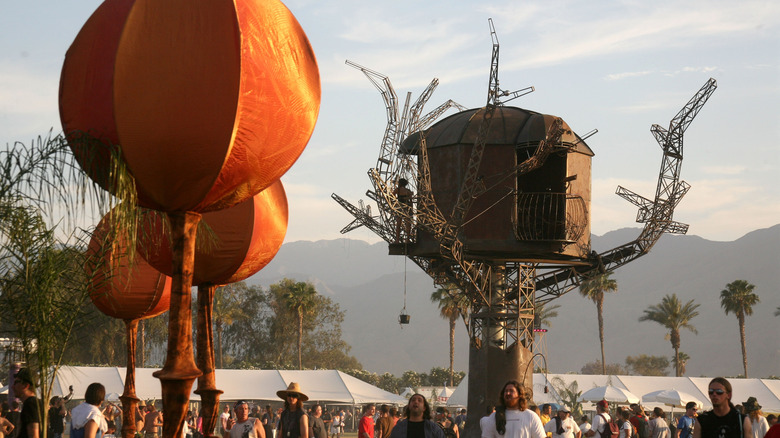 Steampunk Treehouse and orange balloons at Burning Man