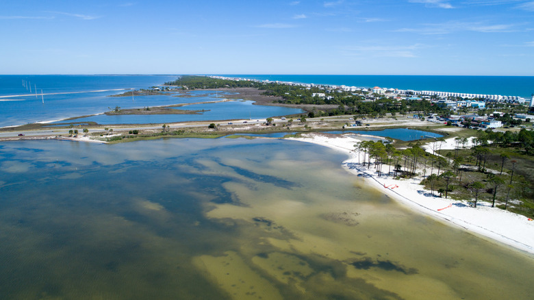 Aerial view of the beaches and village on St. George Island near Apalachicola, FL