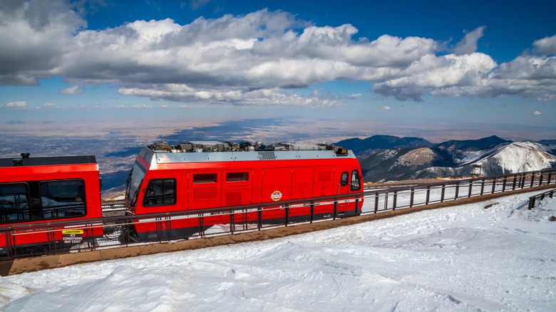 Pikes Peak Cog Railway car near the top of Pikes Peak in winter