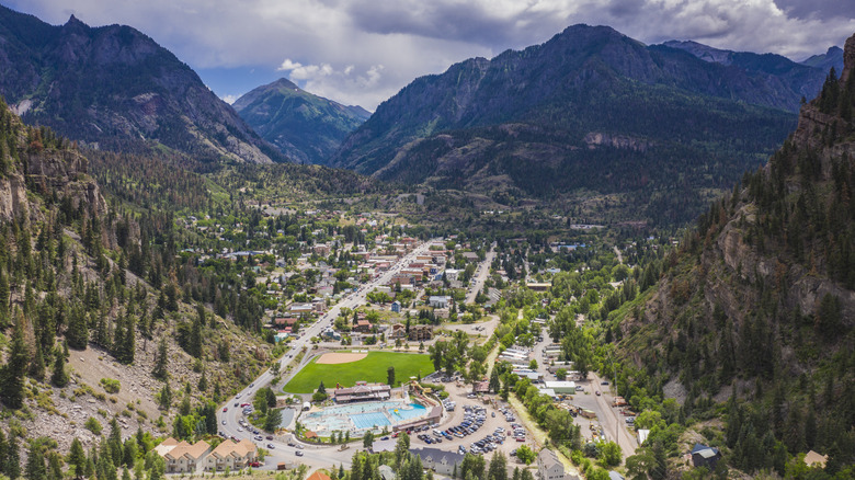 Aerial view of Ouray, Colorado, with the local hot springs