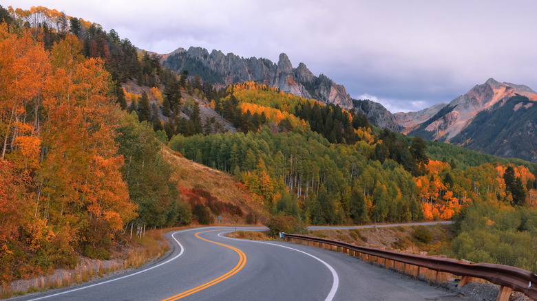 Bright fall foliage along San Juan Skyway scenic byway in Colorado