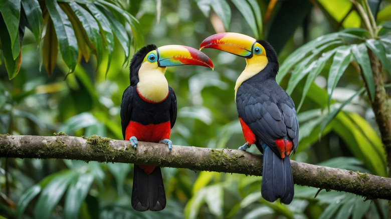 Two toucans sitting on a branch in the jungle of Costa Rica