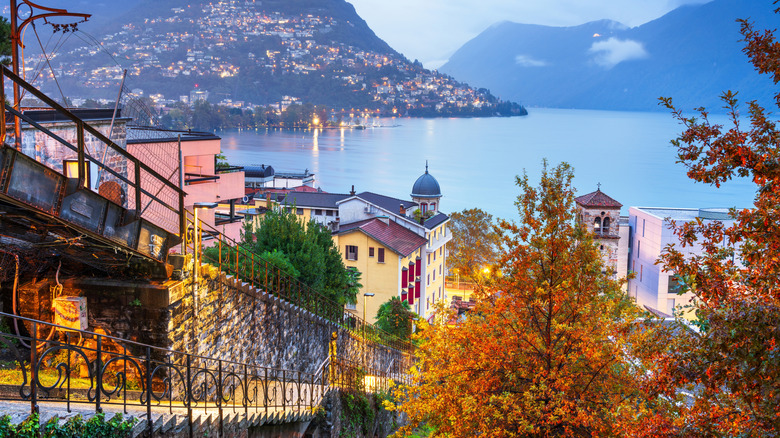 Lugano lit up in evening