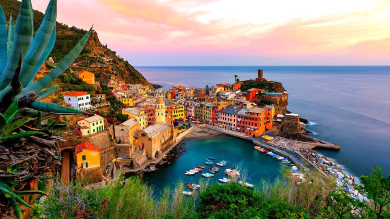 Aerial view of Cinque Terre harbor and the Mediterranean sea