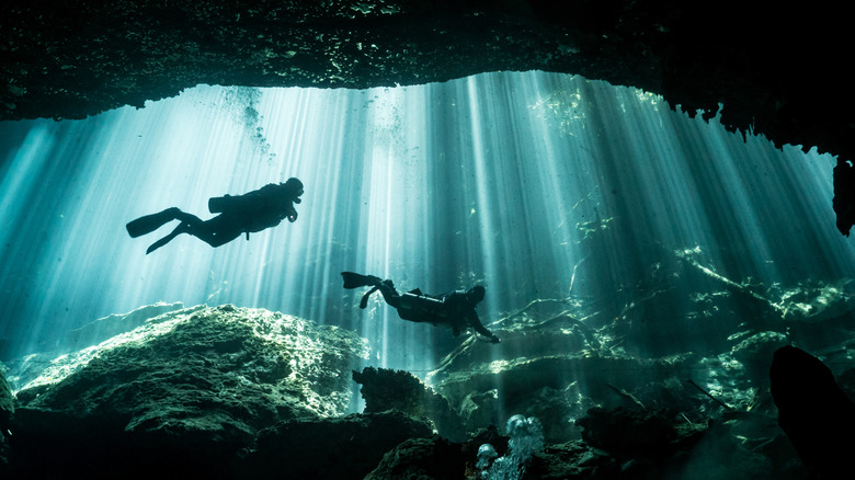 Scuba divers swim through rays of light in cenote