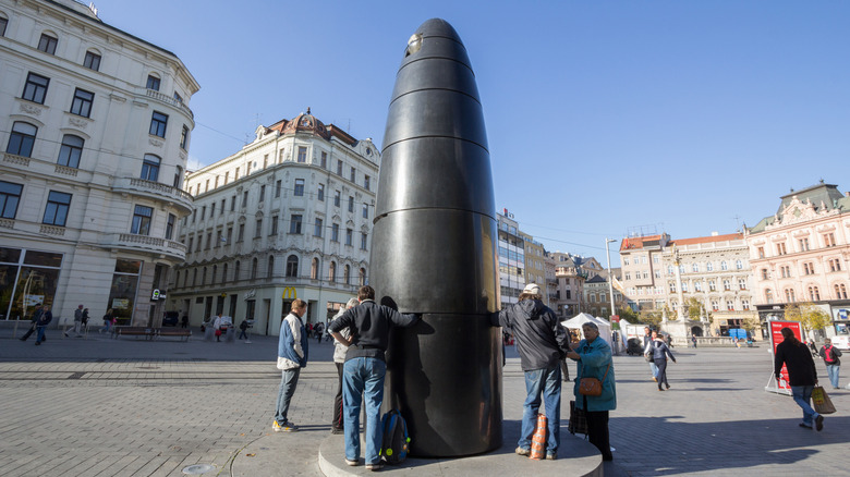 Black, bullet-shaped Astronomical Clock in Brno