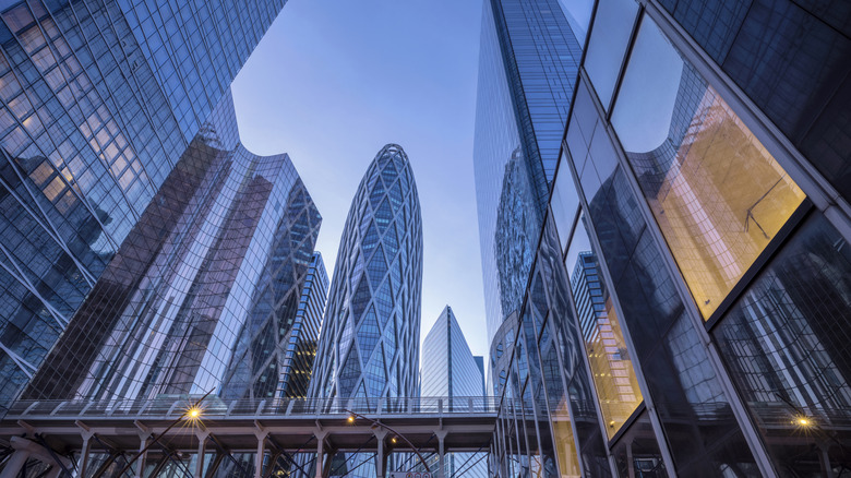 A ground-to-sky view of some of the skyscrapers in the La Defense district of Paris