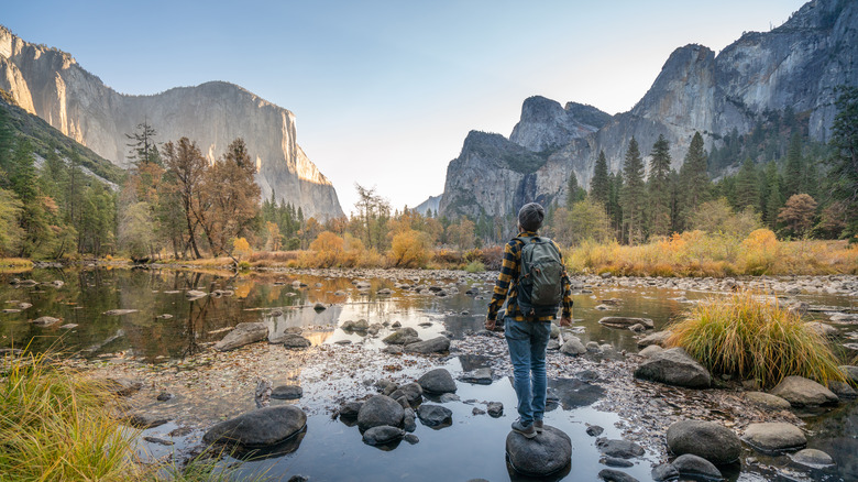 A young man looking at Yosemite Valley while standing on a rock in a stream