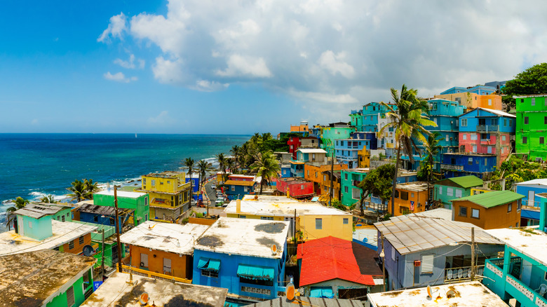 Brightly colored buildings dotting the Puerto Rican coastline