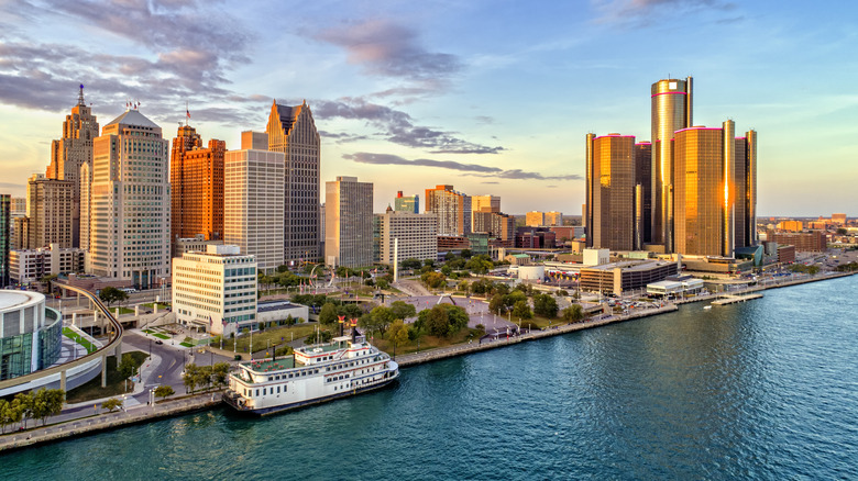 Detroit River and skyline at sunset