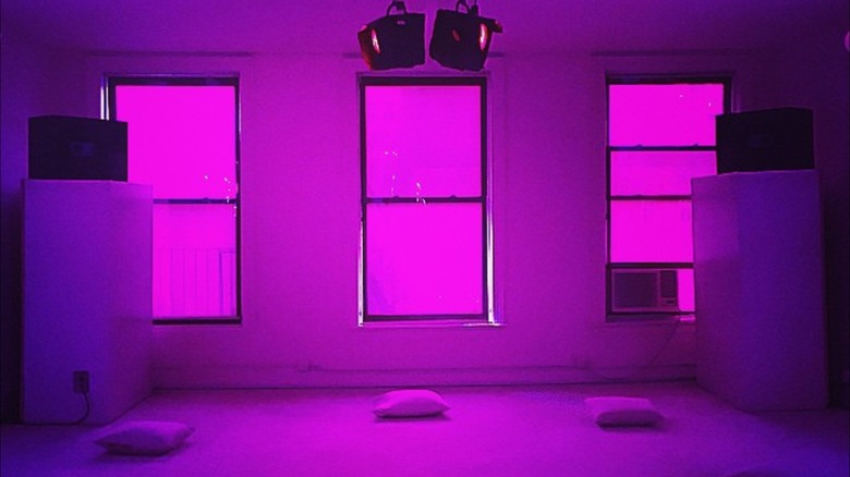 Dim, pink-washed room at The Dream House in New York