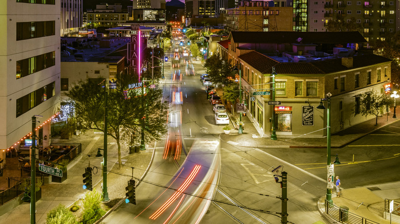 Buildings and streets in downtown Tucson at night