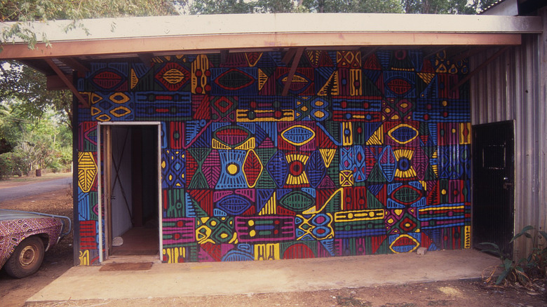 Tiwi art on a wall in Bathurst Island, part of the Tiwi Islands in Australia