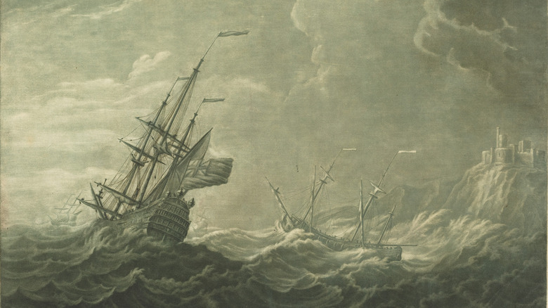 Artist's drawing of ships wrecking in a storm