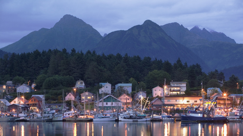 Docked boats, homes, and mountains in the town of Sitka