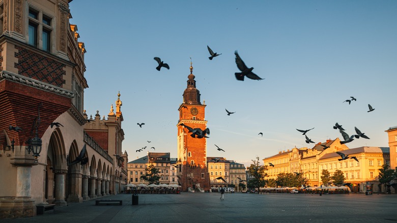 Krakow's beautiful medieval square at sunset