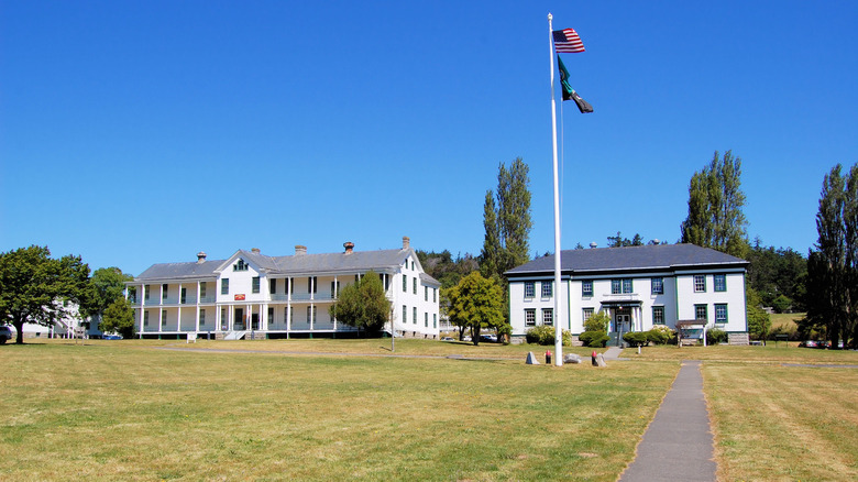 flag outside historic buildings