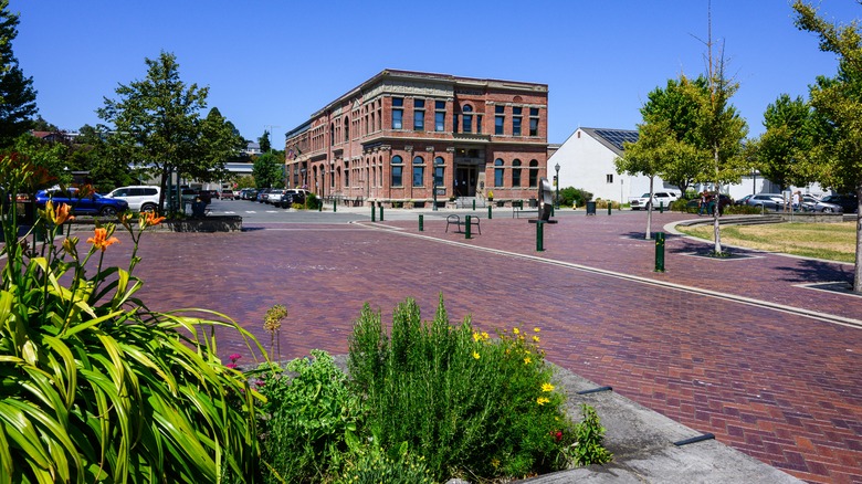 red brick building quiet town