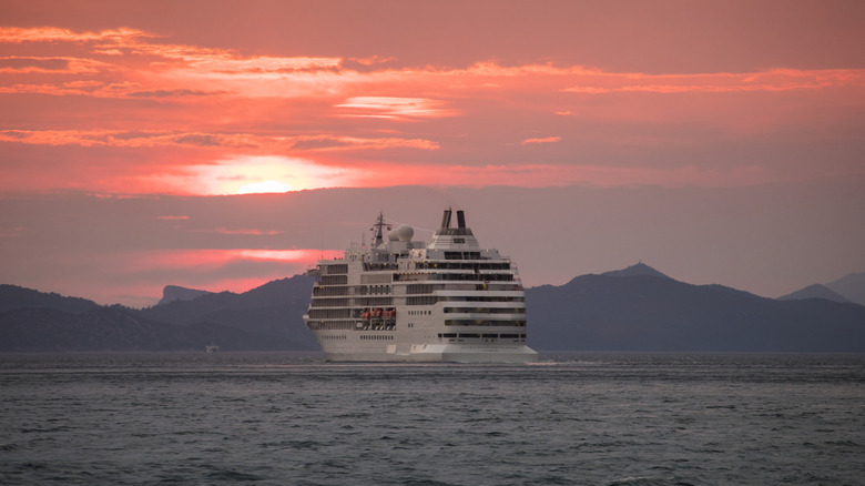 A cruise ship at sunset