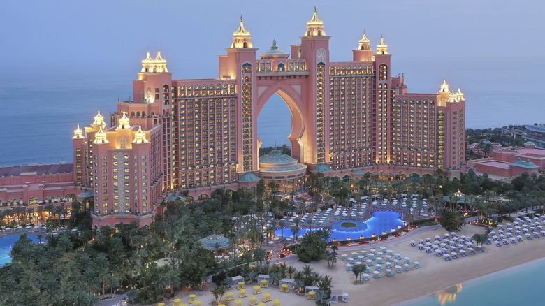 Exterior aerial view of Atlantis, The Palm in Dubai at twilight