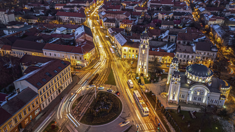 Aerial nighttime view of Timisoara