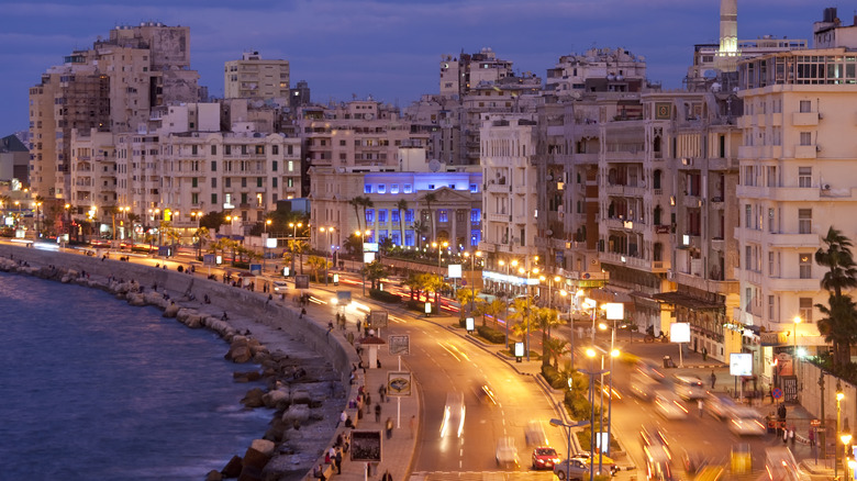 Late night view of the Corniche of Alexandria, Egypt