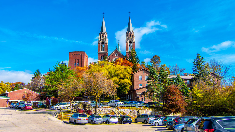 Holy Hill Basilica parking lot with autumn foliage in Wisconsin