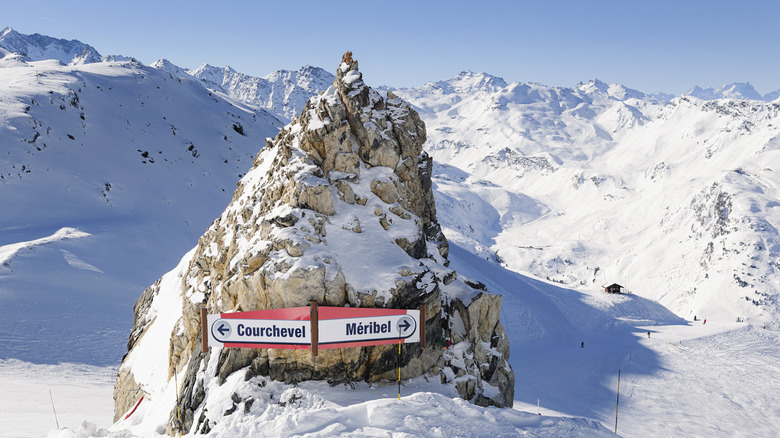 Courchevel and Meribel signs at Les Trois Vallées in the French Alps