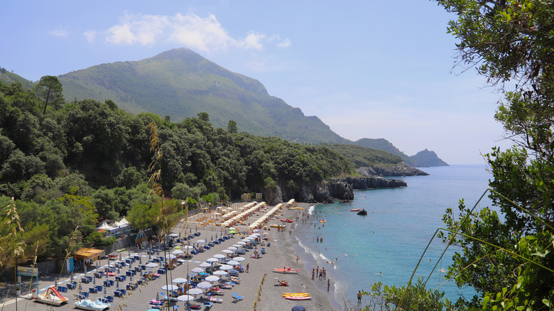 View of the beach near Maratea, Italy, with mountain in background